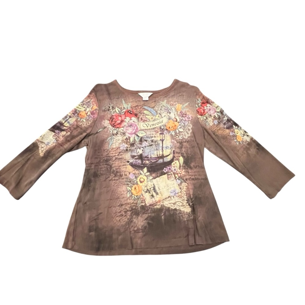 Vintage Y2K Sequin Top Christopher & Banks Venezia Floral Womens 3/4 Sleeve PXL
